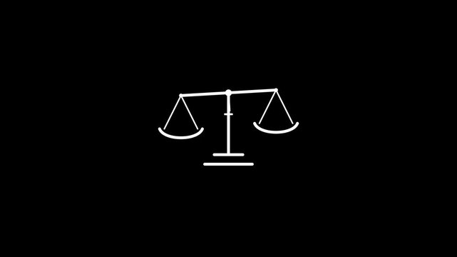 Minimalist White Scale of Justice Icon Animation Emerging and Balancing on a Plain Black Background
