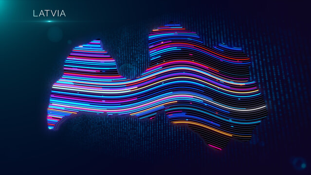 Vibrant 3D Latvia silhouette displays layered neon waves and luminous colors against a futuristic particle grid, with the country name positioned prominently for a modern digital presentation.