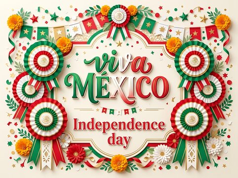 Viva mexico independence day celebration design with traditional paper rosettes, marigold flowers, and festive bunting decorations on a cream background