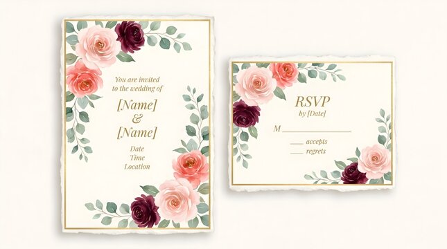 Elegant floral wedding invitation card set with pink and burgundy roses