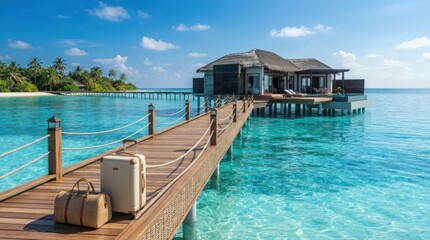 Fototapeta premium Suitcases on a wooden pier leading to a luxury overwater bungalow in the tropical turquoise ocean under a bright sunny blue sky