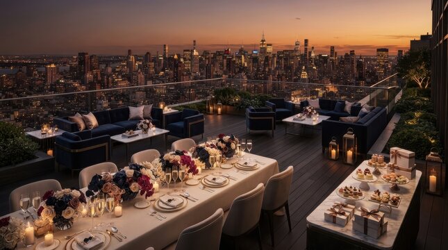 Beautiful outdoor dinner tables set for a party on a rooftop terrace with a scenic city skyline view during a colorful sunset