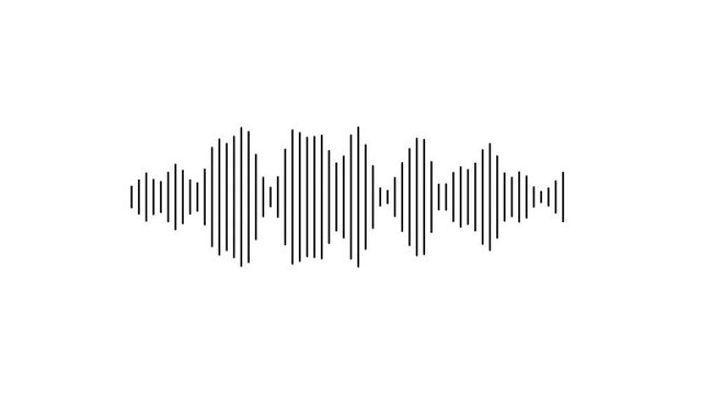 Black audio waveform visualization with pulsing frequency line on white background, sound wave animation for music and digital audio
