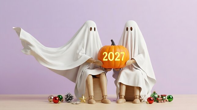 Two people dressed as ghosts holding a carved pumpkin with the year twenty twenty one