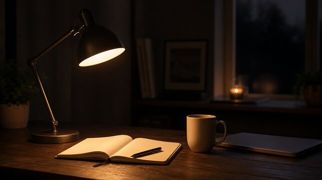Desk lamp illuminating open notebook with pen and coffee mug on wooden table at night, late night study workspace