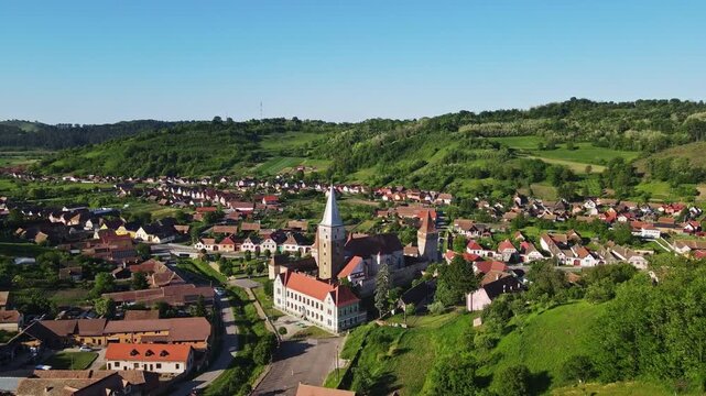 Aerial view of Mosna fortified church in Sibiu