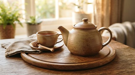 Fototapeta premium Elegant ceramic teapot and cup on wooden tray by window.