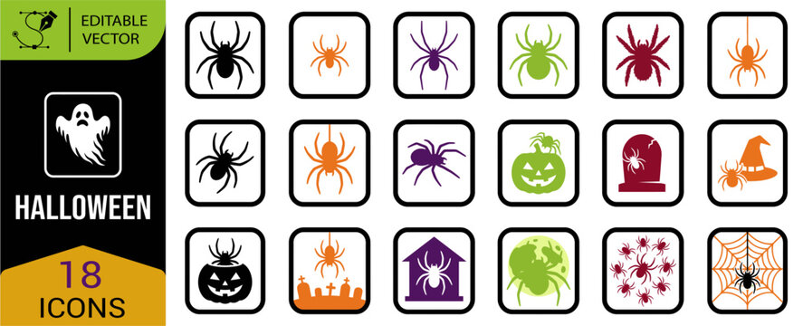 A comprehensive halloween icon set featuring spooky ghosts creepy spiders jack o' lanterns and other classic symbols of the season for designers