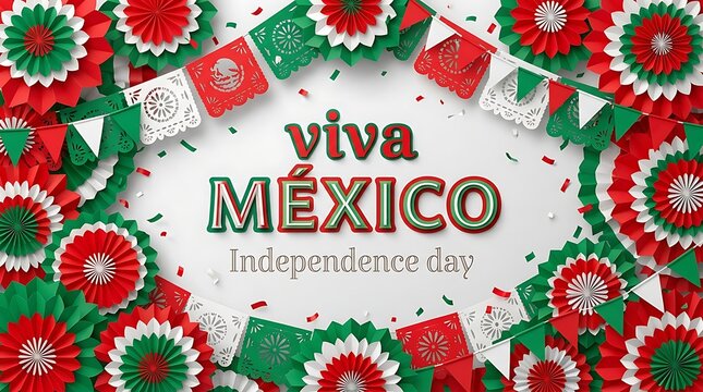 Viva mexico independence day celebration background with paper fans and festive bunting isolated on white background