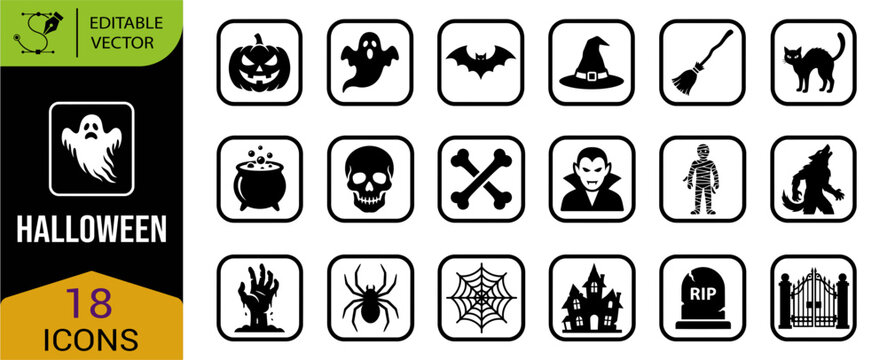 A comprehensive collection of spooky and delightful halloween icons perfect for crafting festive designs digital artwork and seasonal promotions