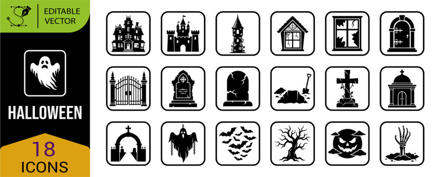 A comprehensive collection of spooky halloween icons ghosts haunted houses witches and more for festive designs and celebrations
