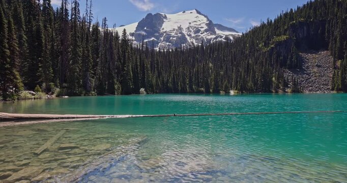 Turquoise Joffre Lake and snow capped Matier glacier peak in British Columbia Canada
