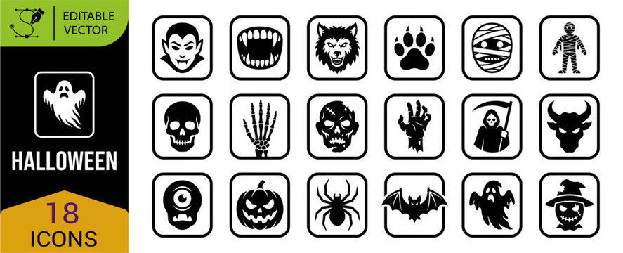 A large collection of spooky halloween icons ideal for creating digital artwork festive party decorations and frightening graphic design projects