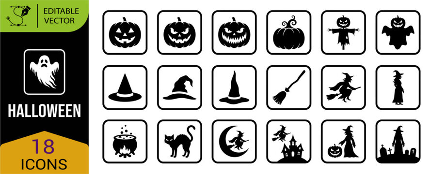 A comprehensive collection of spooky halloween icons featuring ghosts pumpkins witches bats and more for festive designs and celebrations