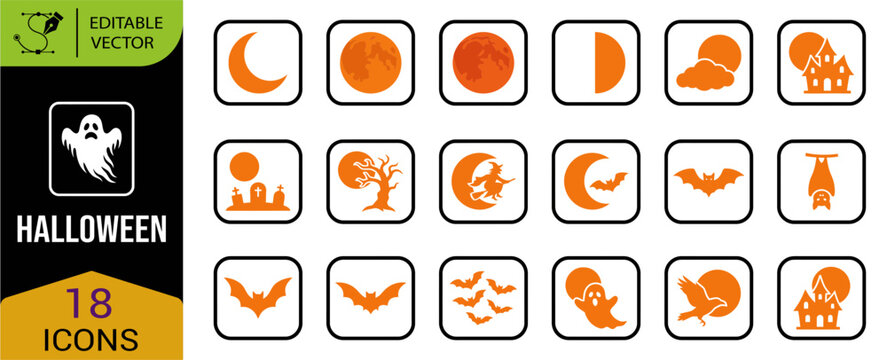 Extensive collection of halloween icons including spooky ghosts cheerful pumpkins playful bats and many other elements for all your seasonal design needs