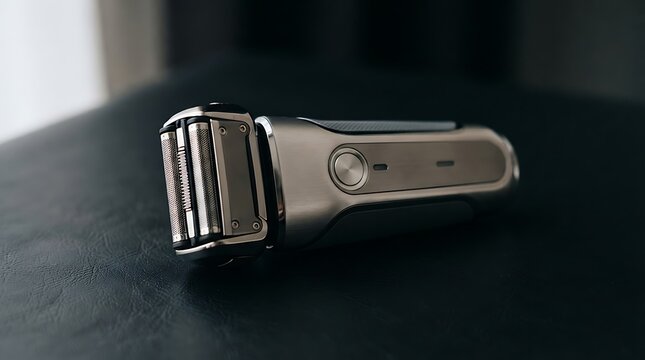 Modern electric shaver resting on a dark surface.