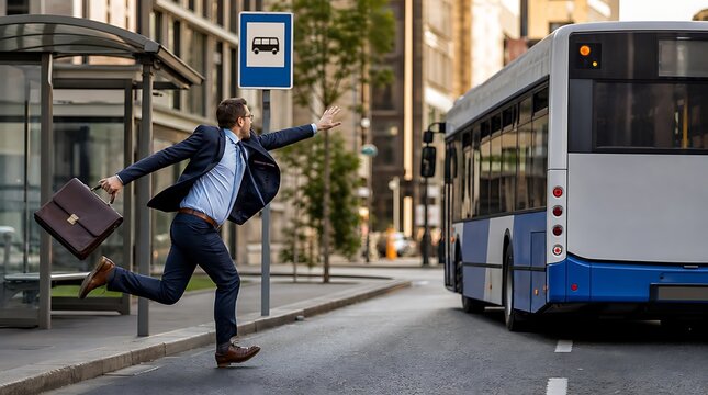 Businessman running late to catch public bus at city bus stop, late for work commute concept