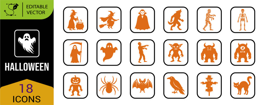 A comprehensive collection of halloween icons spooky characters and symbols for festive designs and creative projects offering versatility and charm