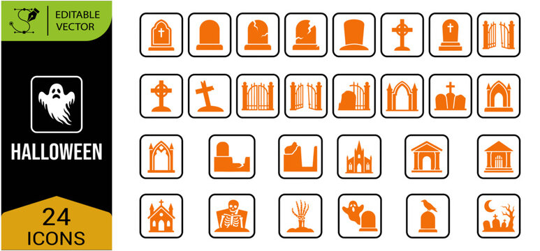 A comprehensive halloween icon collection featuring spooky elements including ghosts pumpkins bats and witch hats perfect for seasonal designs and digital art