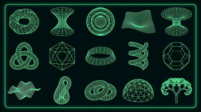 Neon green wireframe geometric shapes collection with displays collection fifteen arranged grid with dark black background