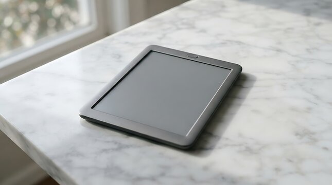 Modern black smartphone lying on white marble surface.