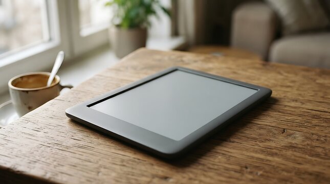 Modern tablet on wooden table with coffee and stylus.