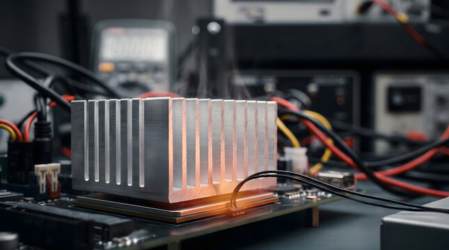 Aluminum heat sink cooler mounted on a mainboard processor during electronic testing in lab.