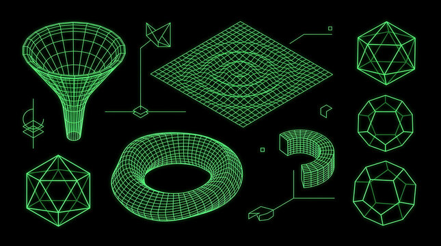 Neon green wireframe geometric shapes collection set against dark background for digital science design projects