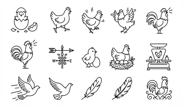 Chicken bird decoration animation line icons hatching nest weathercock vector set