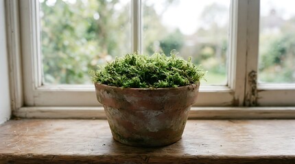 Fototapeta premium Small potted green succulent plant on wooden windowsill.