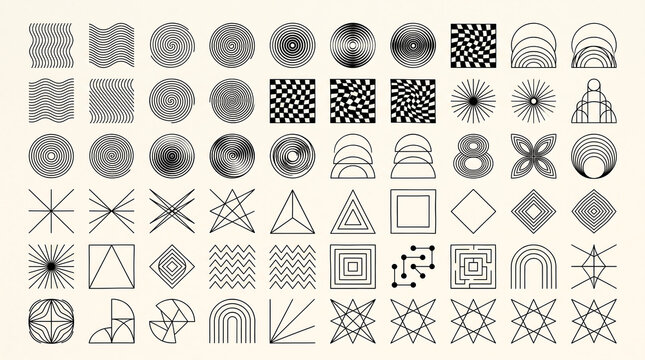 Minimalist geometric shapes collection featuring abstract line art patterns and symbols for modern graphic design projects
