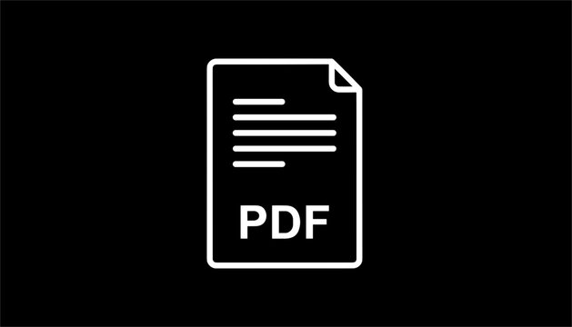 White outline icon of a PDF document page on a solid black background, perfect for web interface design.