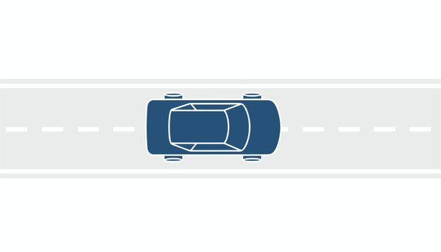 Top view of a blue sedan car driving along a grey asphalt road with white dashed lines, transport concept.