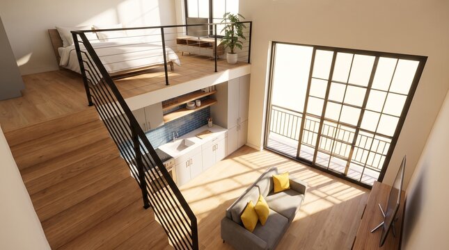 Modern Loft Apartment Interior with Open Plan Living and Bedroom.