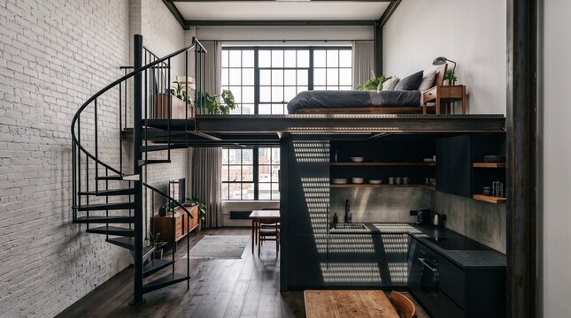 Modern Loft Apartment Interior with Spiral Staircase and Elevated Bed.