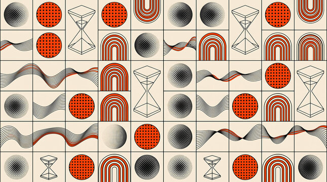 Retro geometric pattern featuring halftone spheres hourglasses and wavy lines in minimalist midcentury modern style