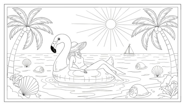 Coloring page of a young woman lounging on a giant inflatable flamingo float in the tropical sea with palm trees.