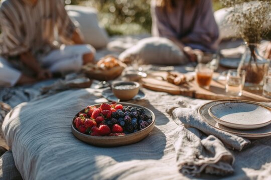 Minimalist outdoor table arranged for a contemporary picnic, featuring clean lines, simple dishware, and restrained decor