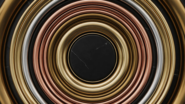 Elegant Abstract Background Featuring Concentric Metallic Rings in Gold Copper and Silver with a Dark Marble Center