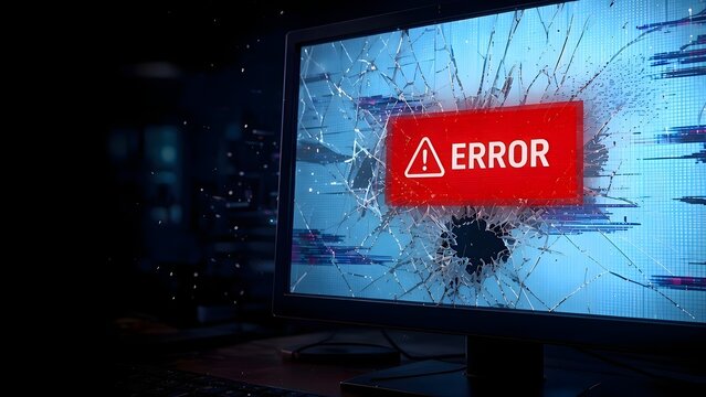 Broken computer monitor screen shattered with red error warning alert displaying system failure cyber attack and software crash concept