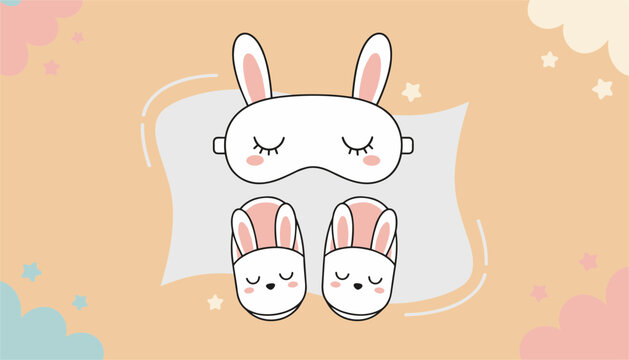 Cute vector bedtime set with a white bunny sleeping mask and matching plush rabbit slippers on a pastel background.