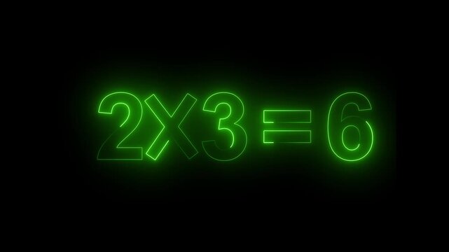 Neon math equation shining in vibrant green color displaying multiplication facts clearly in the dark.