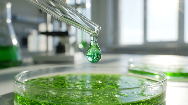 Green liquid drop from pipette falling into petri dish with microalgae culture in a science laboratory
