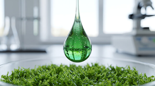 Green liquid drop with bubbles above plant material in a lab, representing biotechnology and sustainability