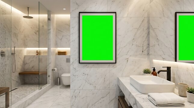 Elegant Bathroom Interior Featuring Glass Shower and Double Sink Vanity with Green Rectangular Accents on Marble Walls