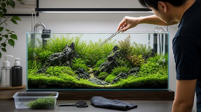 Aquascaper trimming aquatic plants inside freshwater planted aquarium tank with tweezers tool, aquascaping hobby concept