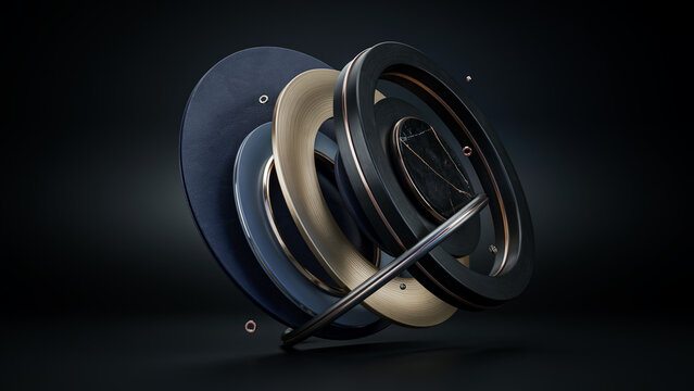 Abstract 3D Geometric Composition Featuring Layered Metallic Rings and Soft Spherical Forms in Elegant Dark Minimalist Style