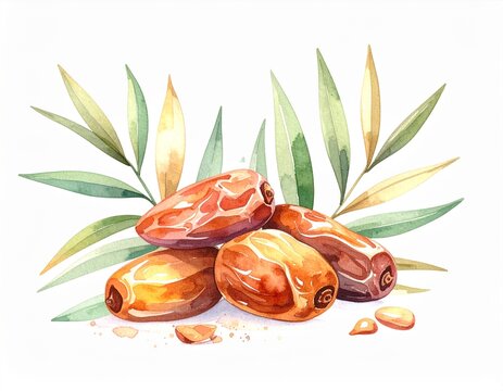 Ramadan Dates Watercolor Clipart with Green Palm Leaves on White Background
