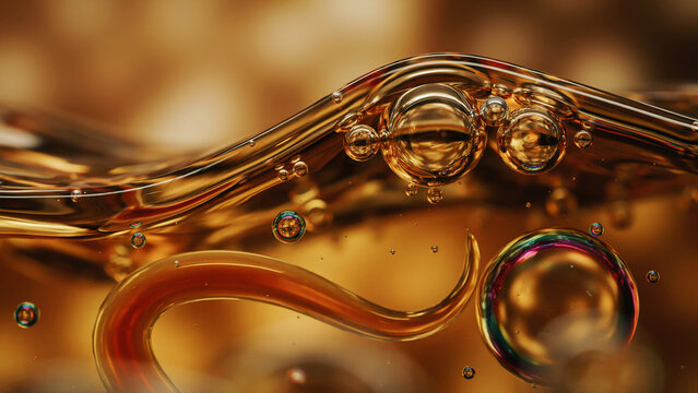 Abstract Golden Liquid Swirls with Floating Spheres and Dynamic Bubbles in a High Resolution 3D Rendered Macro Background