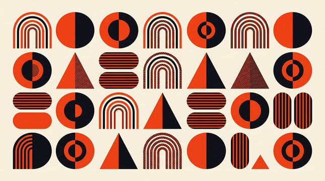 Abstract geometric pattern with circles, triangles, and arches in retro midcentury modern style